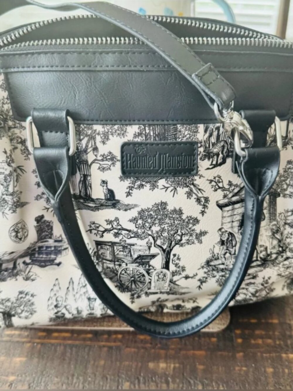 Disney Haunted Mansion Toile Satchel Bag - Black & Ivory - Picture 2 of 8